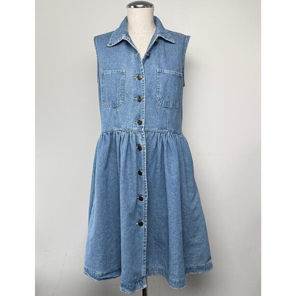 Vintage Rafaella Denim Dress Button Front Sleeveless Cotton Size 6 Cottagecore - Picture 2 of 9